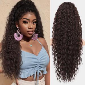 Isaic Brown Drawstring Ponytail Extensions for Women, 26Inch Synthetic Long Curly Wavy Ponytail Gorgeous Pony Tails Hair Extensions for Daily Use(Dark Brown)