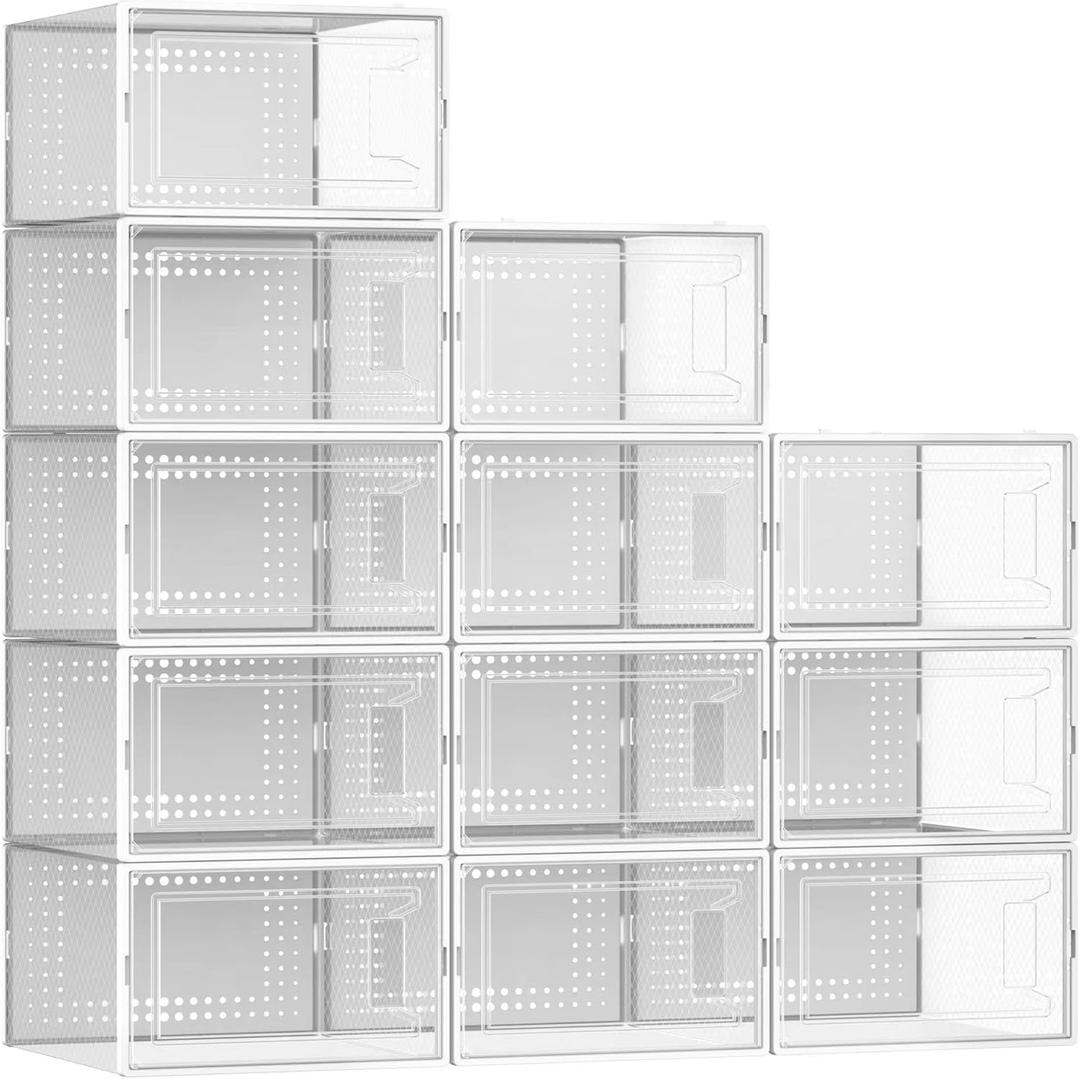 Secret Space 12 Pack X Large Shoe Organizer Storage Boxes for Closet, Modular Space Saving Shoe Boxes Clear Plastic Stackable Sneaker Containers Display Case with Lids, White