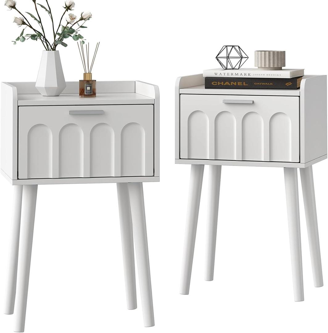 LAATOOREE Nightstand Set of 2, Mid- Century Small Side End Table with Arced Door, Bedside Tables with Solid Wood Legs for Bedroom, Living Room (White)