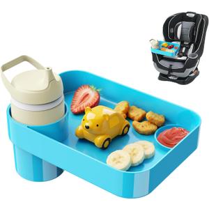 Car Seat Snack Tray for Toddlers - 3 Inch Cup Holder Fits Most Sippy Cups & Straw Bottles with Dip Well, Mess-Free Square Kids Travel Tray Road Trip Essentials, Sky Blue