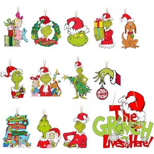 24 Pcs Christmas Tree Ornaments, 1 Pcs Christmas Decorations Hanging Sign with Rope, Wooden Green Small Xmas Tree Ornaments for Holiday Party Indoor Outdoor Christmas Tree Hanging Decorations