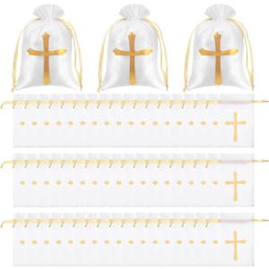 HOFURME 75 Pcs Baptism Satin Gift Bags with Drawstring 4 x 6 Inch Religious Gift Bags Cross Candy Jewelry Pouches for Baptism First Communion Party Favor (White)
