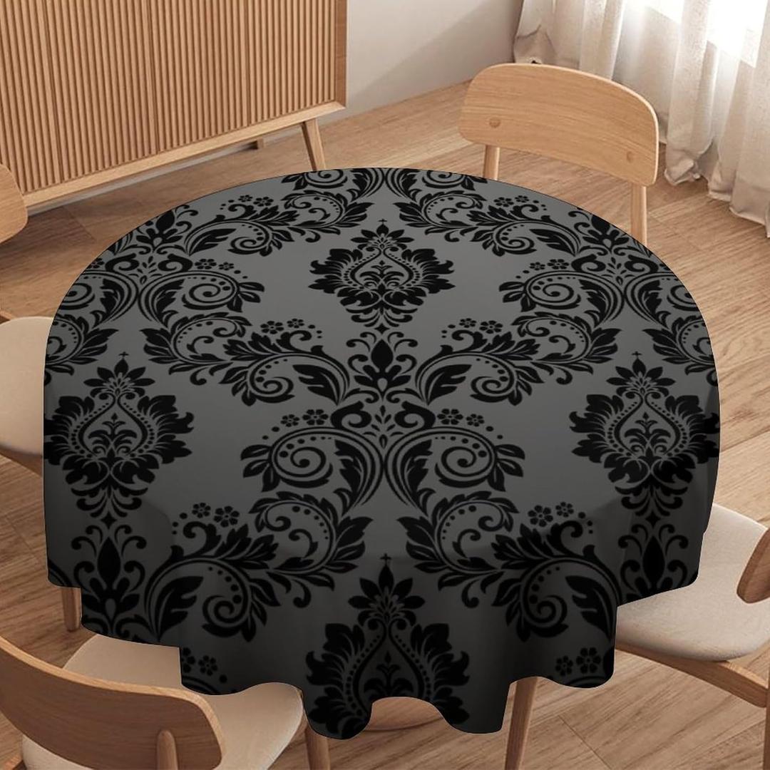 Gothic Black Damask Round Tablecloth, Vintage Floral Exotic Bohemian Antique Victorian Table Cloth Water Resistant Table Cover for Farmhouse Party Holiday Kitchen Dinner Table 36" (Dark Black-2)