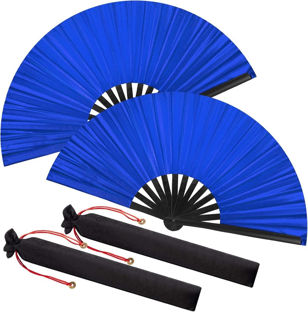 Maitys 2 Pack Large Folding Silk Hand Fans - Tai Ji & Festival Fans for Men & Women, Dance, Decorations, Gift (Blue)