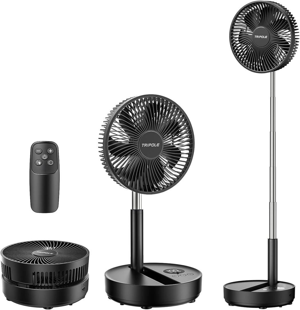 TriPole Portable Standing Fan, 8000mAh Rechargeable Oscillating Fan with Remote, 8.1'' Quiet Pedestal Floor Fan with LED Display & Timer, Foldable Small Desk Fans for Bedroom, Office, Camping, Travel (Black)