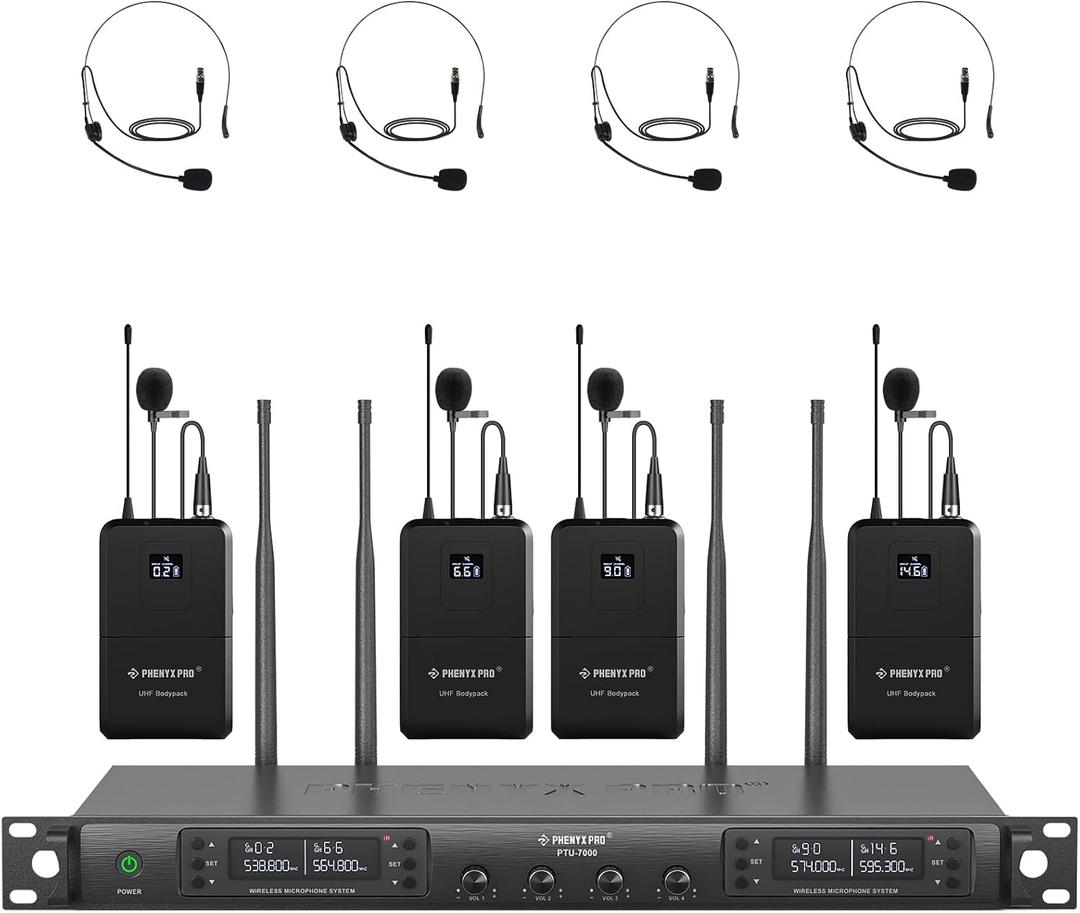 Phenyx Pro 4-Channel UHF Auto Scan Wireless Microphone System PTU-7000-4B
