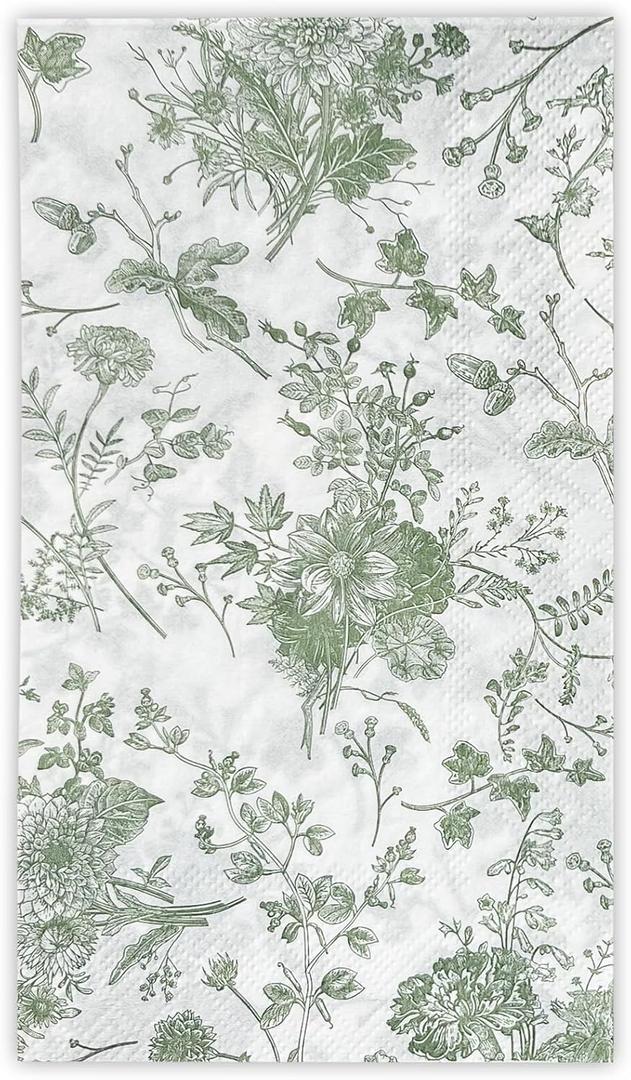 WRAPAHOLIC 50Pcs Sage Green Floral Guest Napkins - Guest Disposable Hand Towels for Bathroom, Bridal and Baby Shower, Tea Party, Garden Party, Birthday Party - 4.3 x 7.9 In