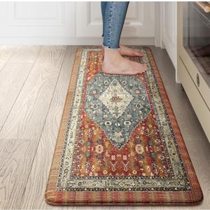 Collive Boho Cushioned Kitchen Mat, Comfort Anti Fatigue Mats for Kitchen Floor, Standing Desk Mat for Kitchen, Office, Laundry, Sink, 17x47 Red Non-Skid Waterproof Kitchen Rugs (Geometric Tribal)