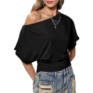SweatyRocks Women's Off The Shoulder Crop Tops Asymmetrical Y2K Going Out Top Dolman Short Sleeve 2026 Summer Trendy Clothes, XS