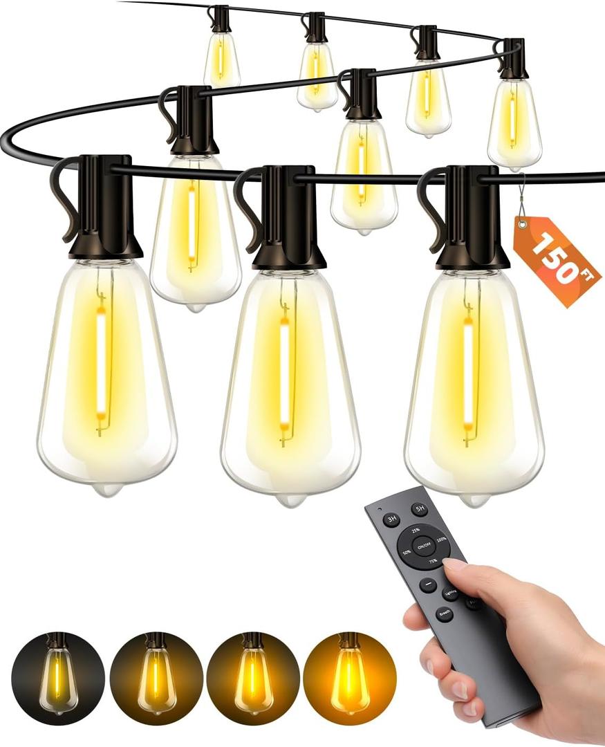 Outdoor Patio String Lights: 150Ft 45M Outside Waterproof Light - Remote Dimmable ST38 Shatterproof Bulb Connectable Hanging Outdoor Electric Lighting - Backyard Yard Gazebo Porch Party