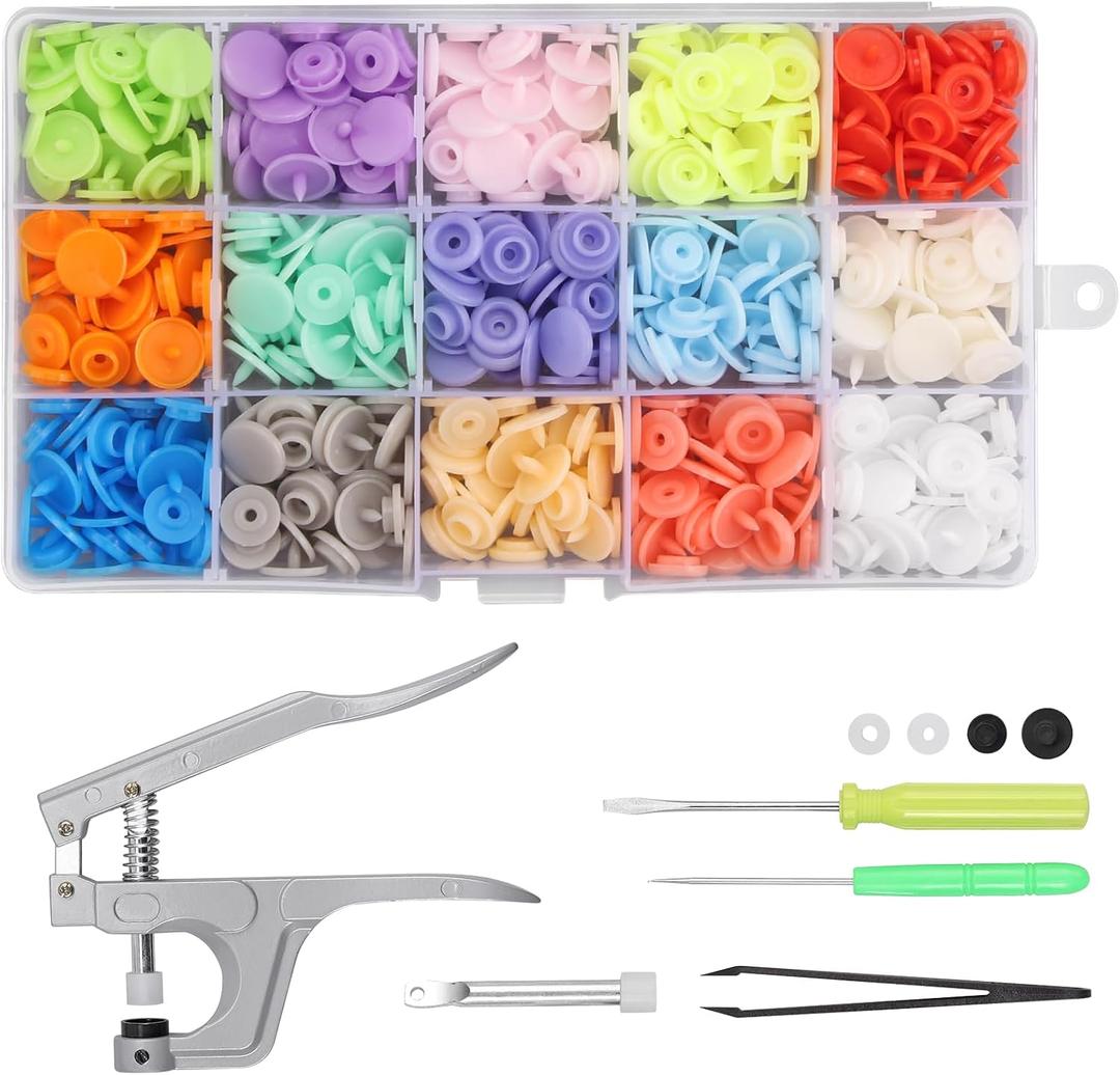Kamtop Snaps and Snap Pliers Set, 120 Sets T5 Plastic Snap Buttons 15 Color, Snap Fasteners Press Pliers Snaps Starter Setter Tool for Clothes Sewing Bibs Rain Coat DIY Crafting