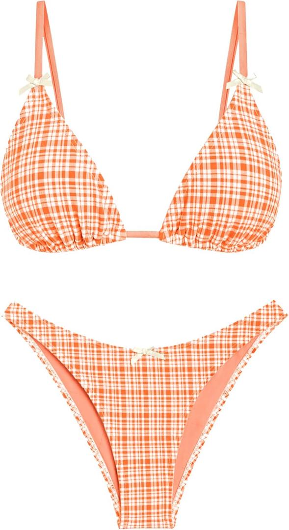 seamoly Women's Bikini Sets Tie Back Bowknot Two Piece Swimsuits Triangle Thong Bathing Suit Gingham Floral Cherry Printing (X-Large, Orange Plaid)