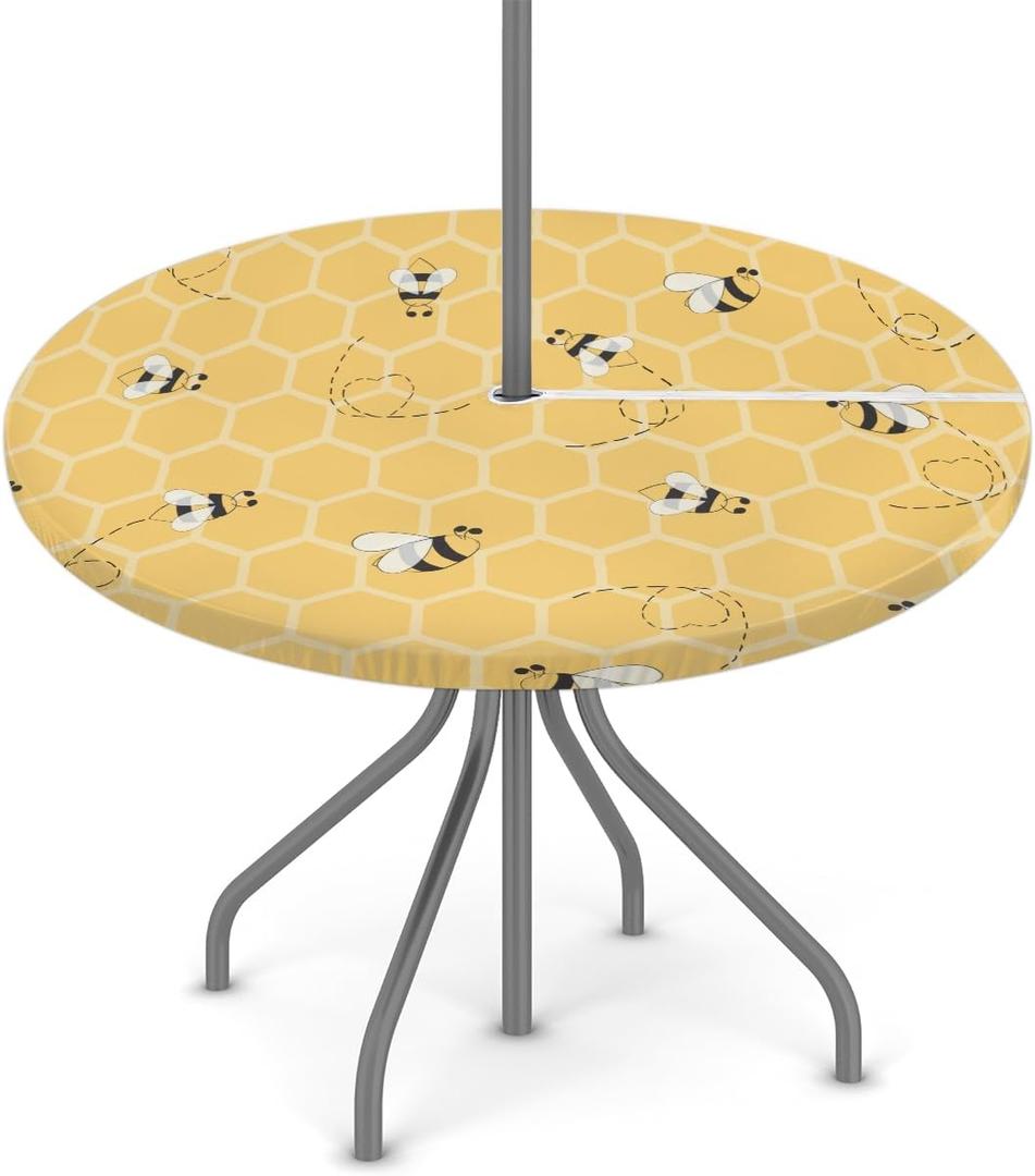 Cute Yellow Bee Outdoor Round Tablecloth with Umbrella Hole Honeycomb Bee Round Fitted Patio Table Cover with Elastic Edged Waterproof Wipeable Table Cloth Fit 45"-56" Round Tables for Patio Outdoor