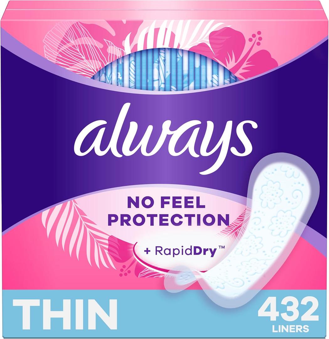 Always Daily Fresh Thin Liners, Regular Absorbency, Unscented Panty Liners, 432 Count (2 Packs of 216)