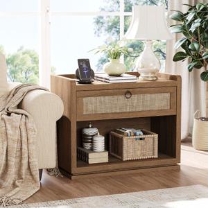 31" Wide Rattan Nightstand with Charging Station, End Side Table | Drawer & Open Shelf, Extra Large Night Stand, Farmhouse, Boho, Wood Bedside Table for Bedroom,Living Room,Office