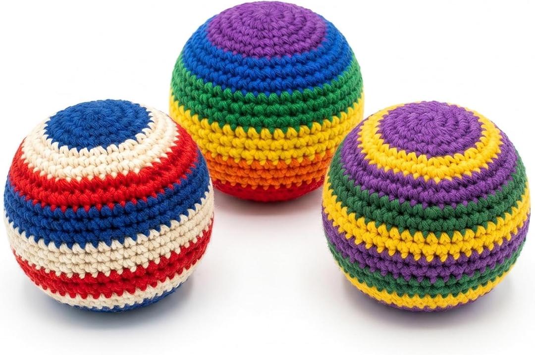 3 x 3 Pack Knitted Footbag, Sand Filled Ball - Durable Handmade Kick for Kids Adults Outdoor Game Multicolored Geometric Pattern (Random Color)
