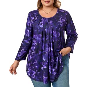 Plus Size Tunic Tops for Women 3/4 Sleeve Tunics Loose Fit Shirt Crew Neck Pleated Solid Casual Dressy Blouses (Purple, XXL)