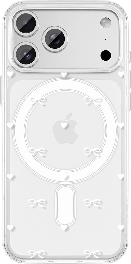 ZTOFERA for iPhone 17 Pro Max Magnetic Case Clear,Cute Love Heart Ribbon Bow Tie Aesthetic Phone Case,Transparent Trendy Slim Soft Shockproof Protective Phone Cover for Women Girls,White