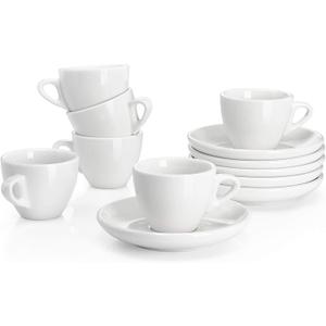 Sweese 2 Ounce Espresso Cups with Saucers, Porcelain Espresso Cups Set of 6 - White