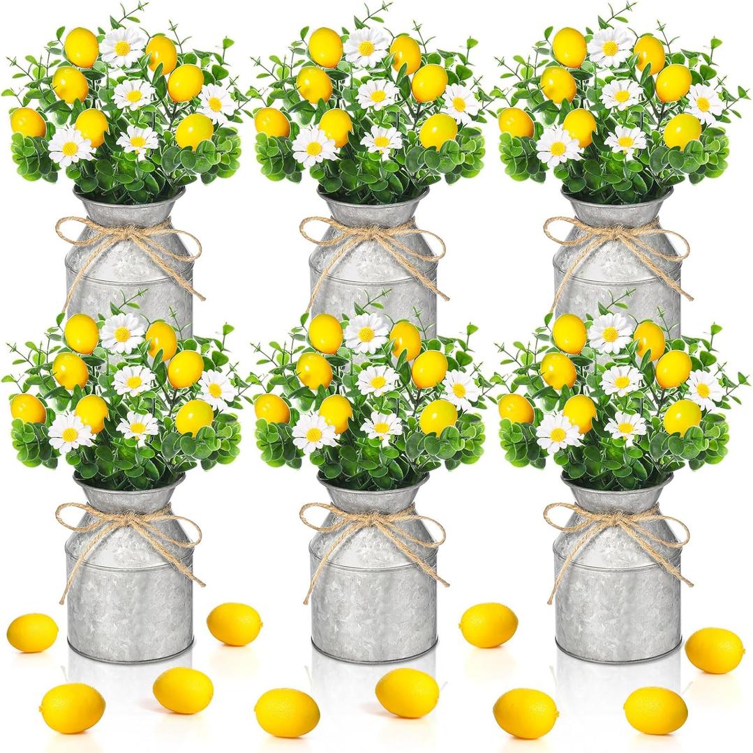 Mimorou 3 Sets Artificial Potted Lemon Decor Fake Fruit Lemon Flowers Table Centerpiece Faux Summer Kitchen Vases Tiered Tray Decor Farmhouse Plant for Indoor Outdoor Home Bathroom Dining