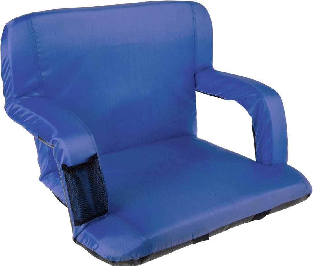 Wide Reclining Stadium Seat Cushion with Back Support, Armrests, 6 Adjustable Positions and Carry Straps - Portable Stadium Seats and Bleacher Chairs with Back and Cushion by Home-Complete (Blue)