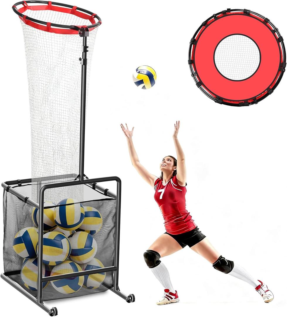 Volleyball Setter Training Net, Portable Volleyball Setter Training Equipment with 2 Rubber Wheels and 6 Angle and Height Adjustments and 2 Target Hoop Size and Ball Collection Bag and Carrying Bag