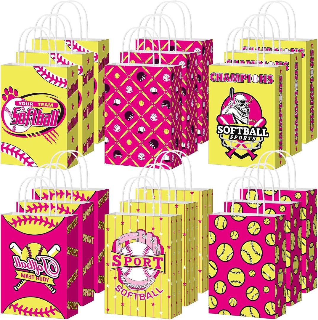 MotiMind 24 Pcs Softball Paper Gift Bags Softball Goodie Party Favor Bags with Handles Portable Hot Pink Yellow Sports Ball Candy Snack Treat Pouch for Women Birthday Party Decorations Team Supplies