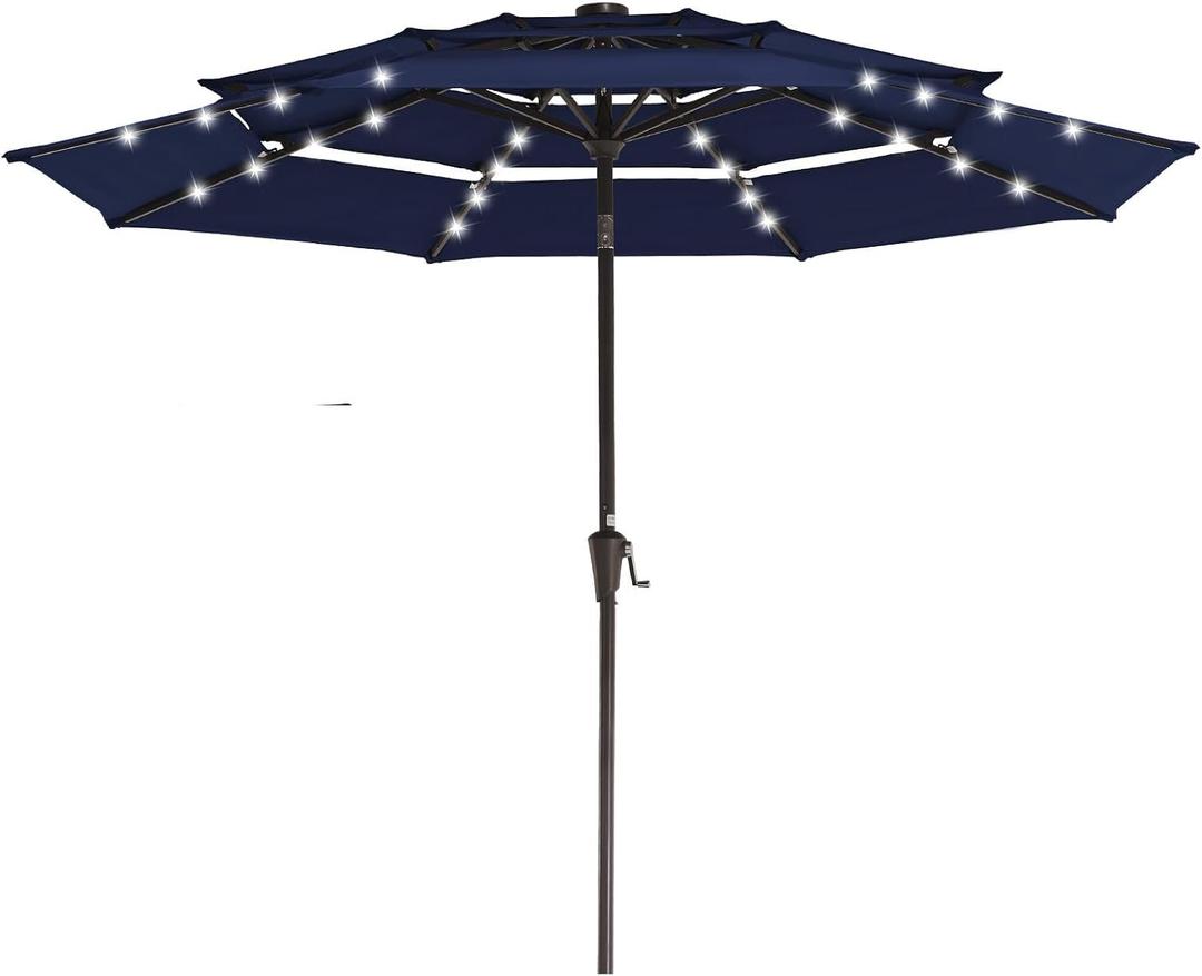 JEAREY 3 Tiers Patio Umbrella with Solar Lights 9ft Outdoor Market Table Umbrellas with Push Button Tilt for Outside Pool Garden, Navy Blue