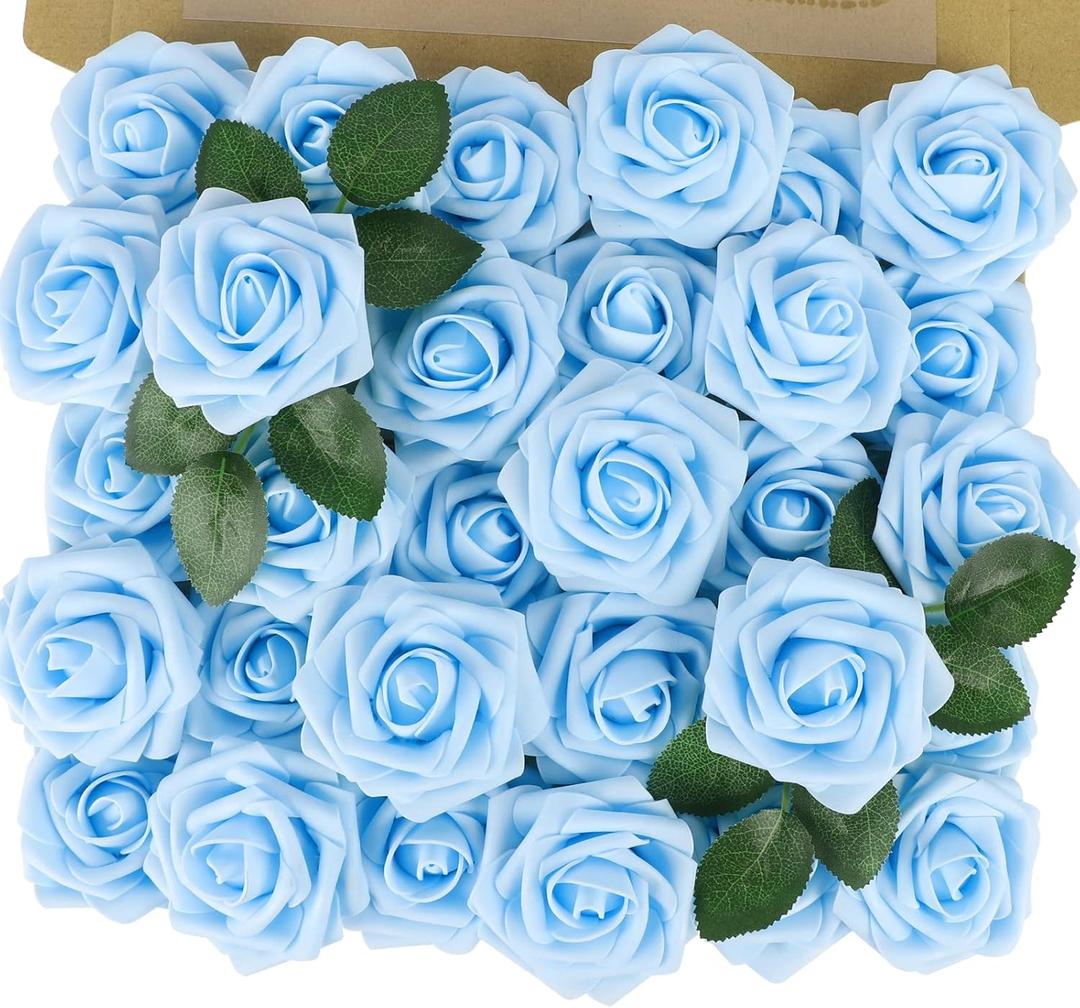 MACTING Artificial Rose Flowers 30PCS Real Touch Fake Flowers with Stem Foam Roses for DIY Wedding Bridal Bouquets Party Holiday Baby Shower Spring Home Mothers Day Decorations(Blue)
