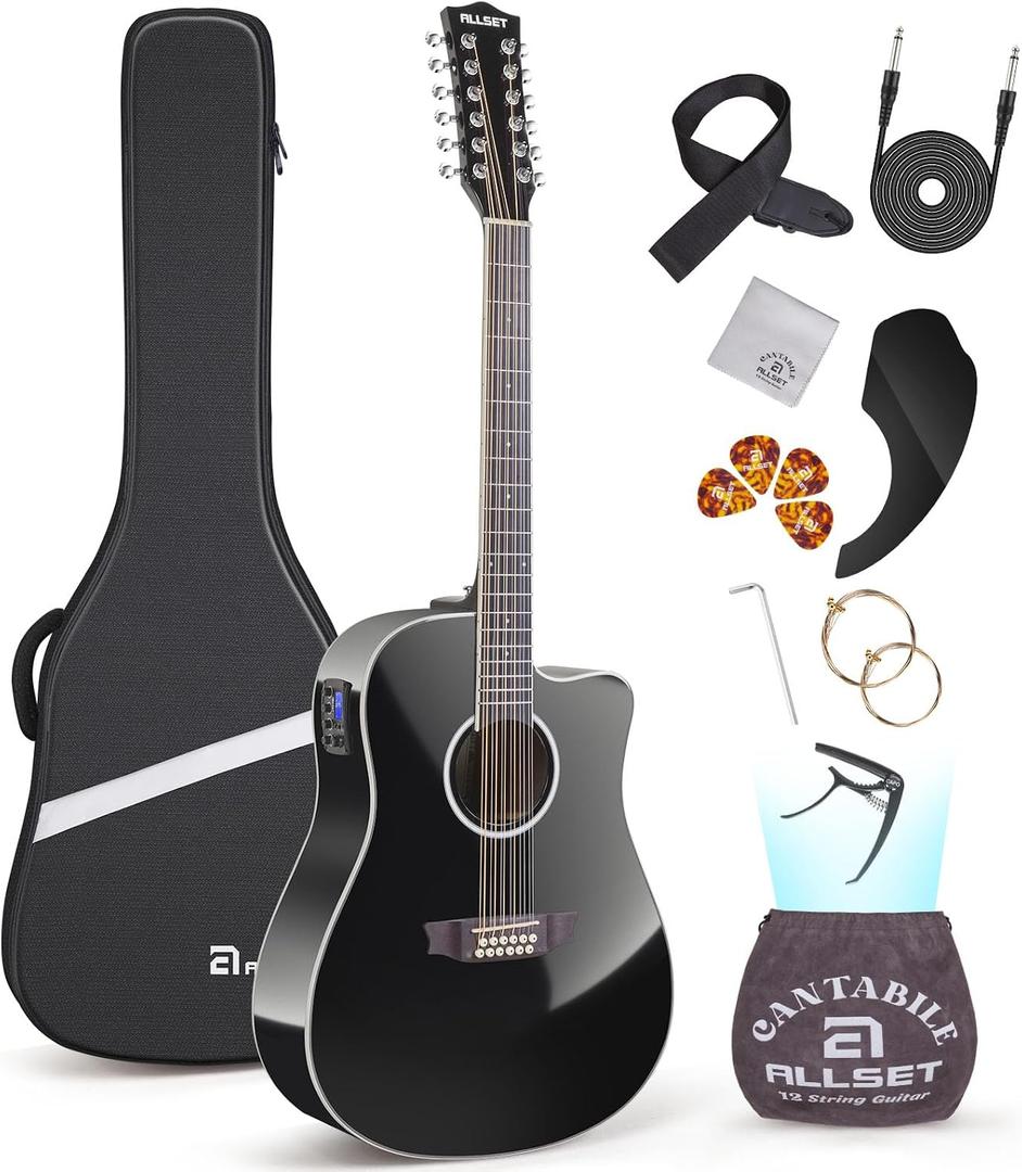 ALLSET 12 String Guitar | Acoustic Electric 12 String |42" Full Size Guitar for Beginner/Adult Fingerstyle | Spruce Top Cutaway | Gig Bag, AUX Strap,Strings,Strap|Gloss Black Finish | A12-BK