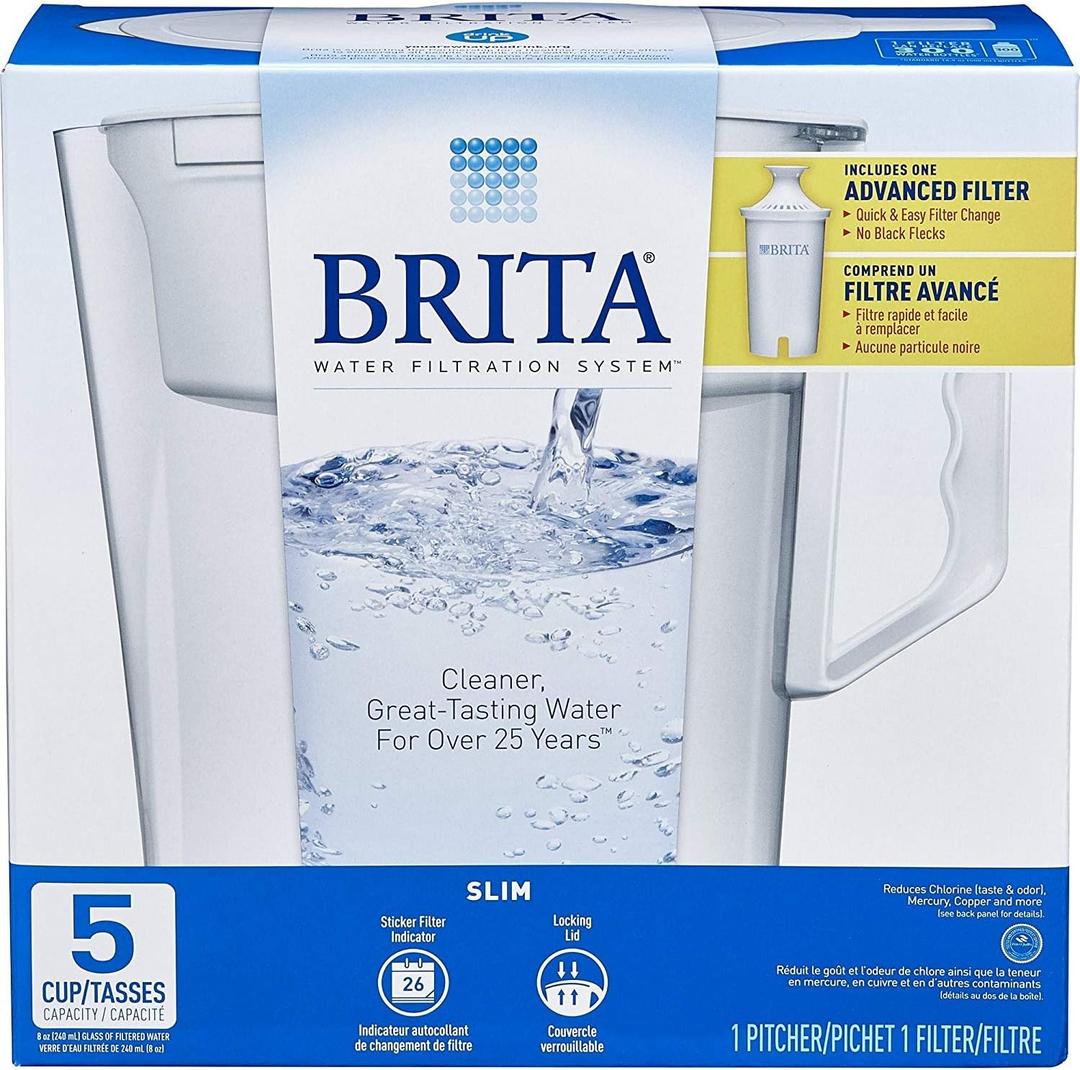 Brita Water Pitcher, Slim, 5 Cup Capacity, Includes One Advanced Filter-White
