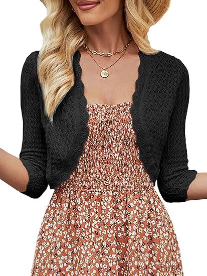 Women's Bolero Shrug 3/4 Sleeve Cropped Cardigan Knit Sweaters Open Front Casual Elegant Jacket for Dresses Black XS