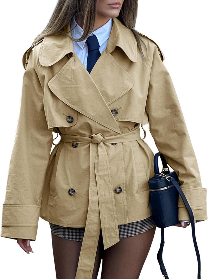 Lingswallow Cropped Trench Coat for Women Double Breasted Lapel Short Jacket Crop Coats with Belt (Medium, Beige)
