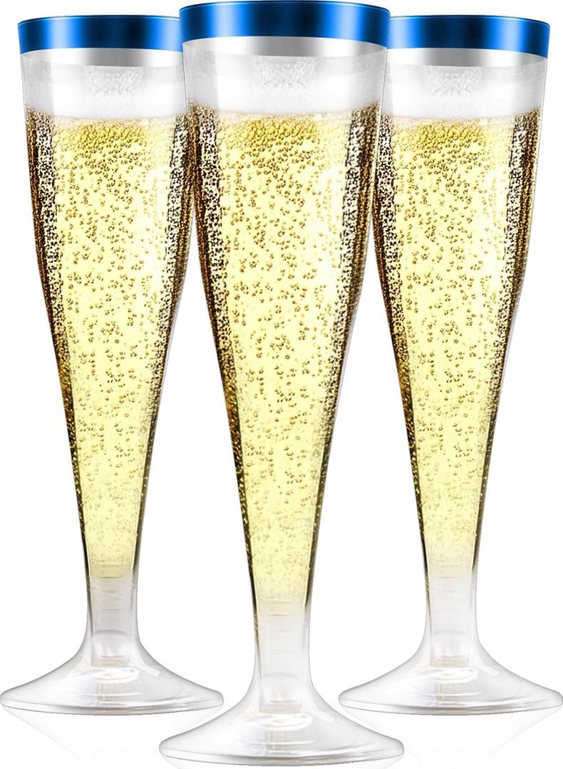 100 Pack Plastic Champagne Flutes, 4.5 oz Disposable Champagne Glass, Clear Plastic Cups, Toasting Glasses for Wedding, Party, Birthday, Cocktail Cups(Blue)