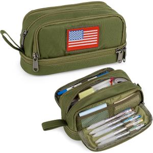 ATRIPACK Tactical 4 Compartments Pencil Case for Boys,Big Canvas Pen Pouch Bag, Large Capacity Pen Box, Tool Bag for Middle School College Office Organizer for Kids Men Women Adult Teens (Green)