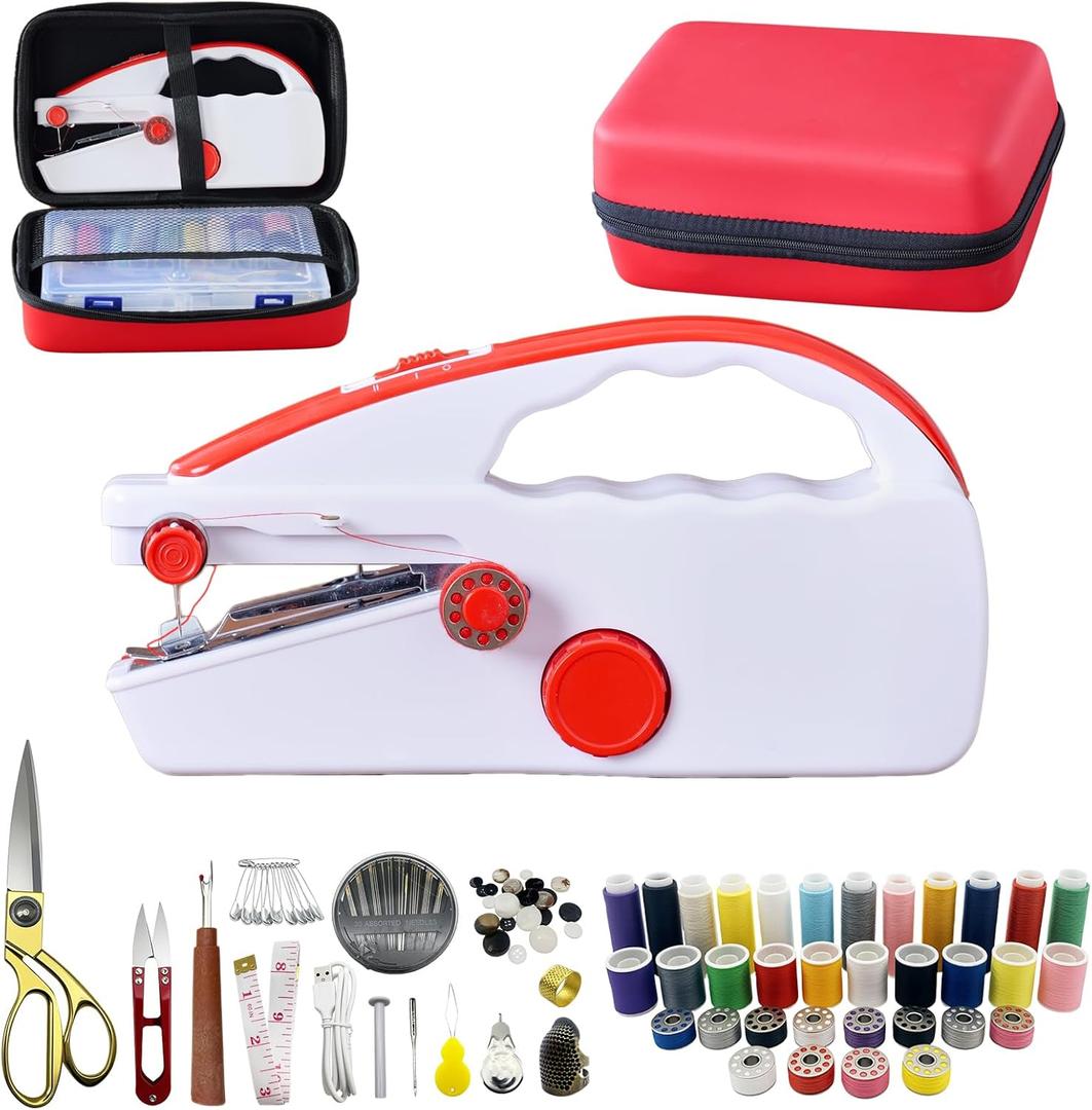 Hand Held Sewing Machine Heavy Duty with 110 PCS Sewing Kit & Bright Red Leather Case, Mini Portable Handheld Stitching Machine for Adults Beginners, for Mending Clothes, DIY Projects