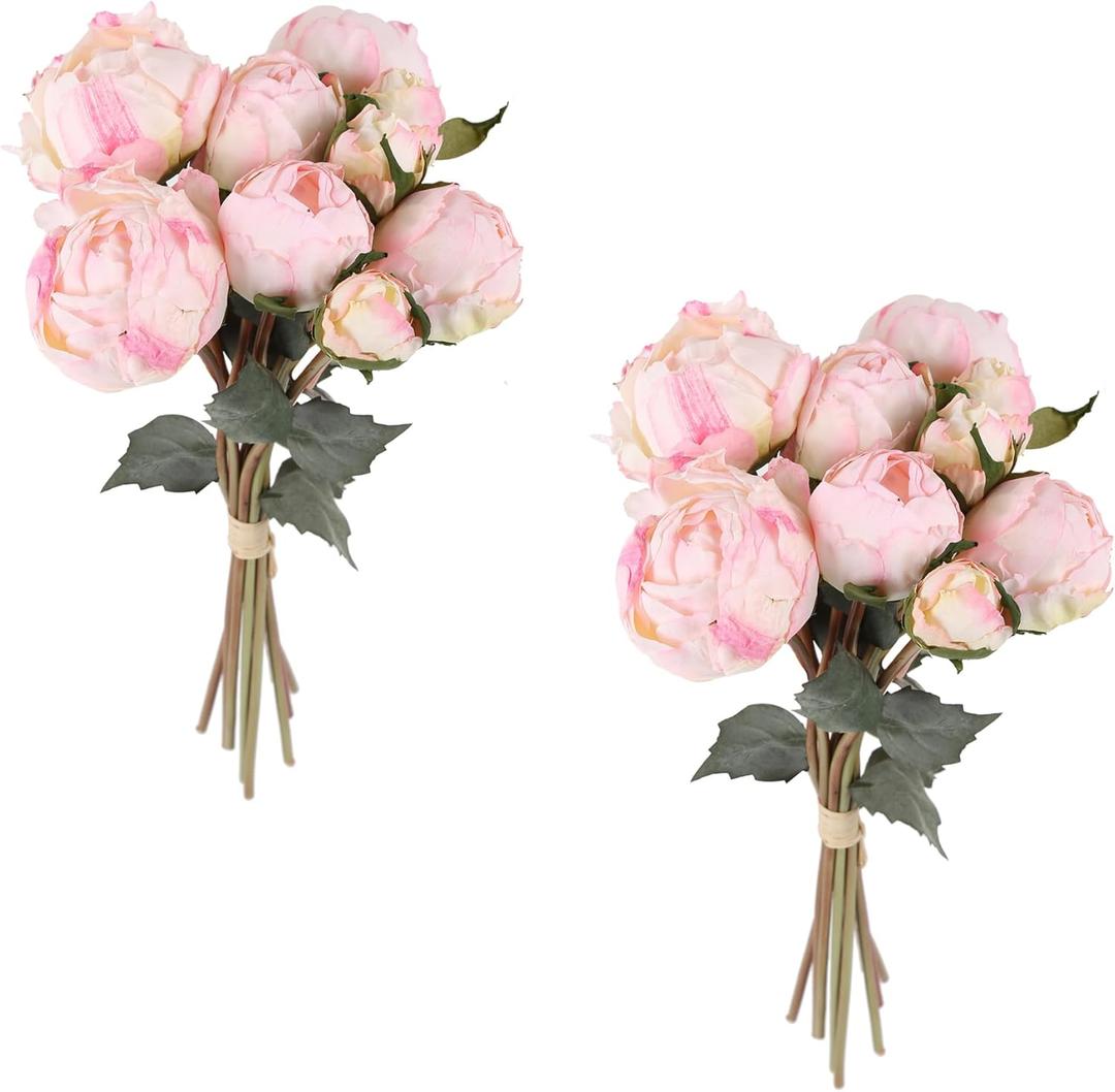 Pink Peonies Artificial Flowers 2 Bouquets Vintage Peonies 18pcs Pink Peonies with Single Long Stems Silk Flowers for Wedding Decoration Bride Bouquet Flowers Crafts Floral Arrangement (Pink)