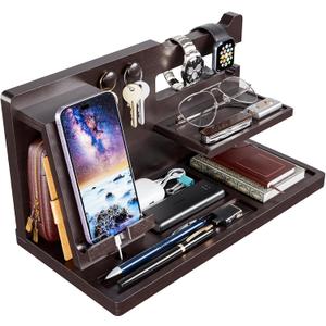 Yirilan Wood Phone Docking Station for Man, Desktop or Nightstand Organizer, Birthday Gifts for Men, Dad, Anniversary, Key Holder, Stand Wallet, Watch & Essentials (Brown)
