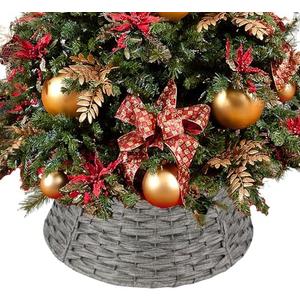 Christmas Tree Collar 23'' D Handmade Artificial Rattan Wicker Tree Collar Basket Christmas Woven Tree Ring Stand Base Cover for Holiday Decoration-Round Gray Brown