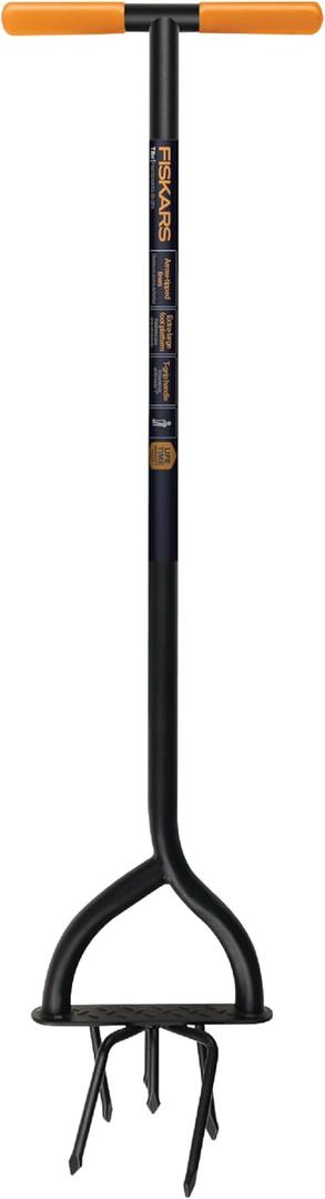 Fiskars 40" Steel Tiller, Long Handle Hand Tiller for Gardening, Garden Tool (Black and Orange)