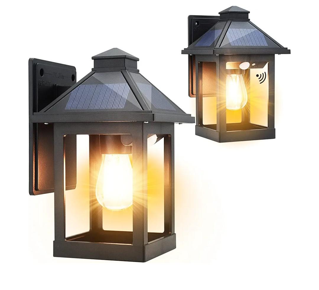 2 Pack Solar Wall Lanterns Outdoor with 3 Modes, Dusk to Dawn Motion Sensor LED Sconce Lights IP65 Waterproof, Exterior Front Porch Security Lamps Wall Mount Patio Fence Garage Decorative