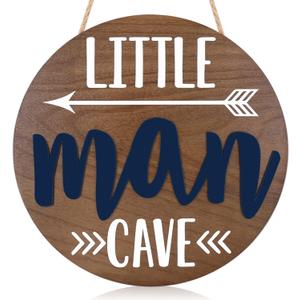 Little Man Cave Wooden Round Door Sign for Little Boy Nursery Room Wall Art Natural Wood Baby Toddler Kids Bedroom Living Room Hanging Rustic Farmhouse Decor -Blue