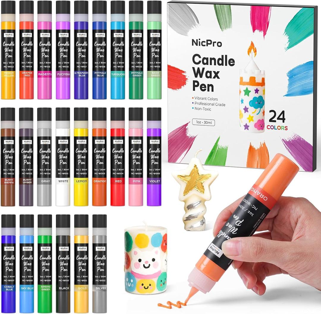 Nicpro Candle Wax Pen, 24 Colors 3D Candle Paint Include Glitter Silver Gold, Safe DIY Candle Making & Painting Kit, Dry Fast Vibrant Colors Wax Paint for Birthday Holidays Wedding Party (1 oz, 30 ml)