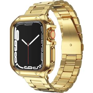 Compatible with Apple Watch Band and Case, Stainless Steel Metal Chain with TPU Cover, Smart-Watch Link Bracelet Strap, Wrist-Band for i-Watch Series 9 8 7 6 5 4 3 2 1 SE, 45mm 44mm 42mm, Gold
