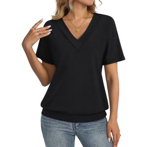 TICTICMISS Womens Short Sleeve Tops Banded Bottom V Neck Summer T Shirt Casual Basic Tees Trendy Tops Summer Clothes (Black, XL)