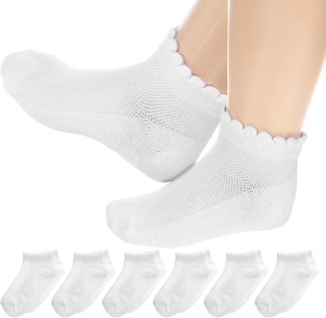 6 Pack Girls White Socks White Socks With Ruffles Kids Ruffles Sock Girls School Uniform Kids Cotton Crew Ankle Cute Frilly Dress Sock 6-8Years (White)