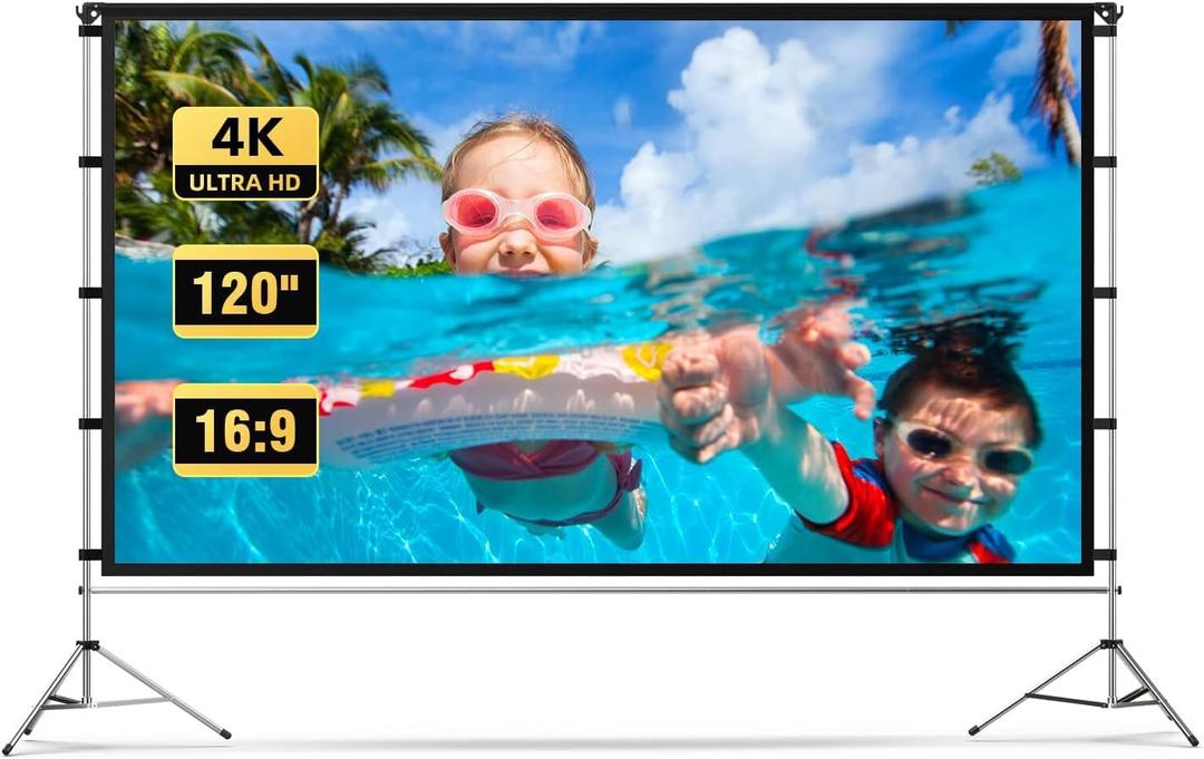 Projector Screen Outdoor, Vamvo Portable Projectors Screen with Aluminum Alloy Stand 120" Foldable Screens, 10 Feet Indoor Movie Screens with Carrying Bag for Home Theater Backyard Movie Night