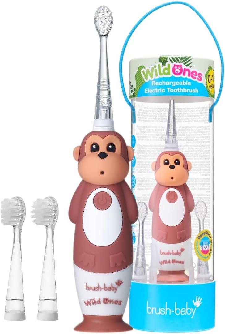BrushBaby - WildOnes - Kids Rechargeable Electric Toothbrush, Ages 0-10 - Monkey Design with Flashing Lights - DeepClean Bristles for Superior Cleaning - 2 Replacement Brush Heads, 1 USB Cable