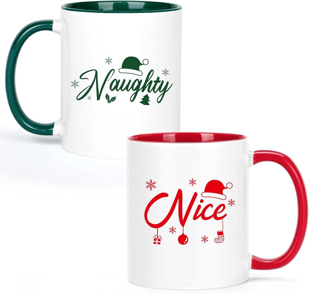 Jogskeor Set of 2 Christmas Coffee Mugs 11oz, Naughty Nice Coffee Mugs, Holiday Christmas Gifts for Women Sister Friends (Red Green)