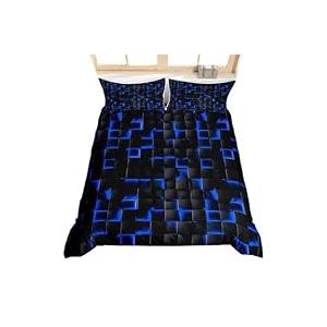 Teen Boy Geometric Bedding Set Black Navy Royal Blue Kids Comforter Cover For Boys Men,Neon Abstract Stereoscopic Check Grid Duvet Cover Square Plaid Bed Set 3D Modern Room Decor, 1 Comforter 70x90 and pillow case 20x30